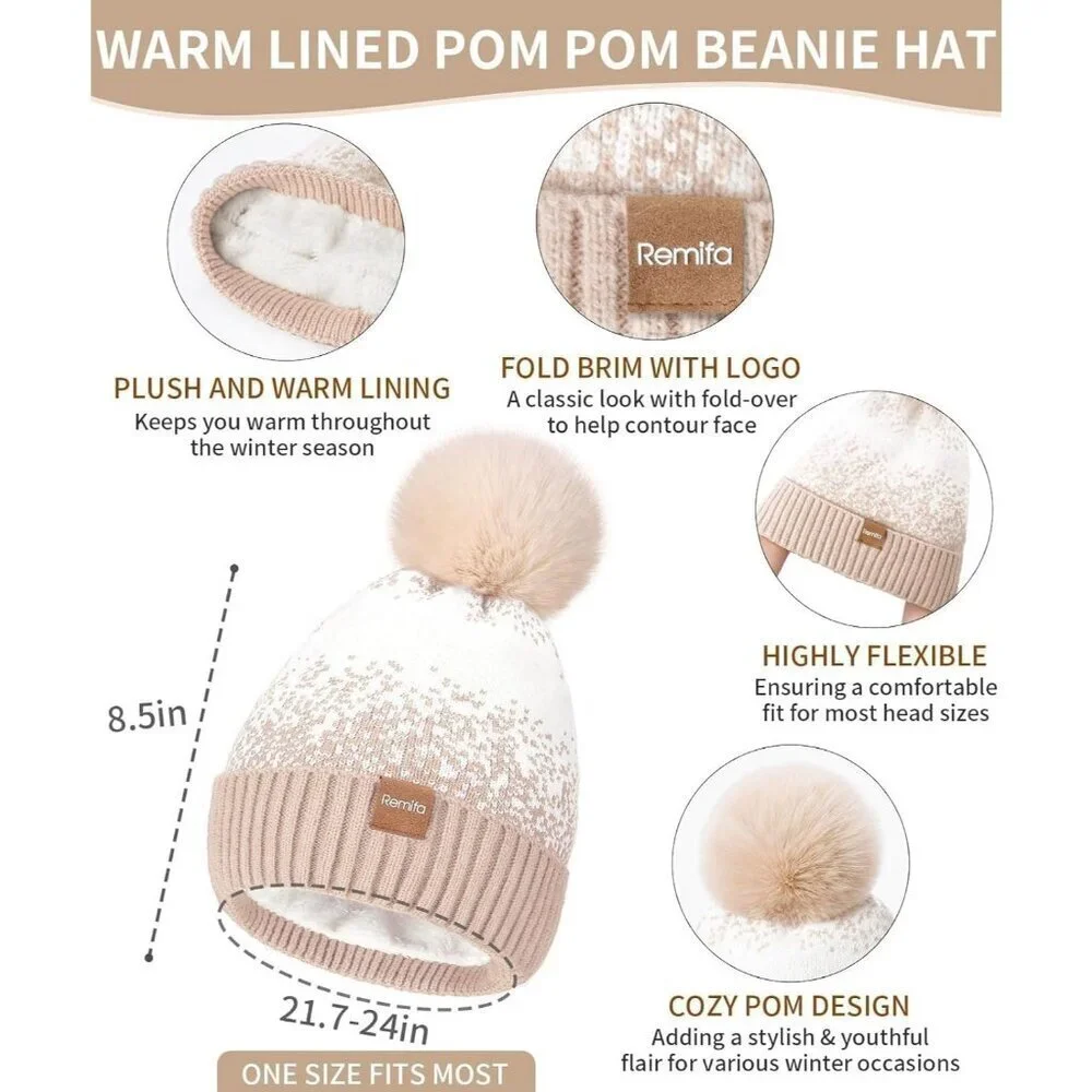 Women's Oatmeal White Winter Beanie Hat Scarf Gloves Set Pom Warm Christmas Gift